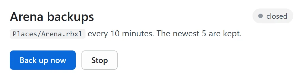 The top of the backup page after Stop, with its status pill now reading closed