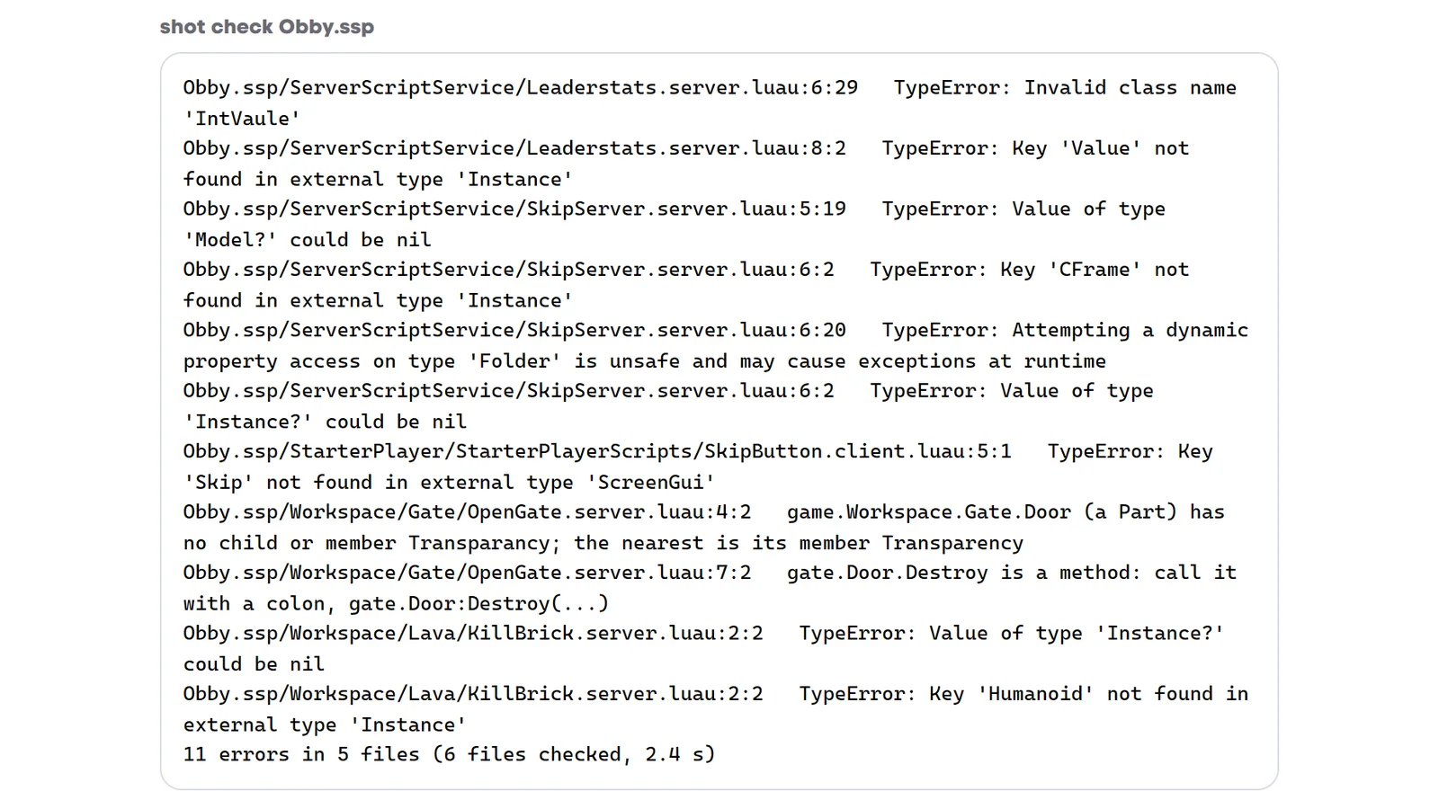 shot check's output for the obby place: 11 errors in five scripts, each with its file, line and column, ending with the count line, 11 errors in 5 files