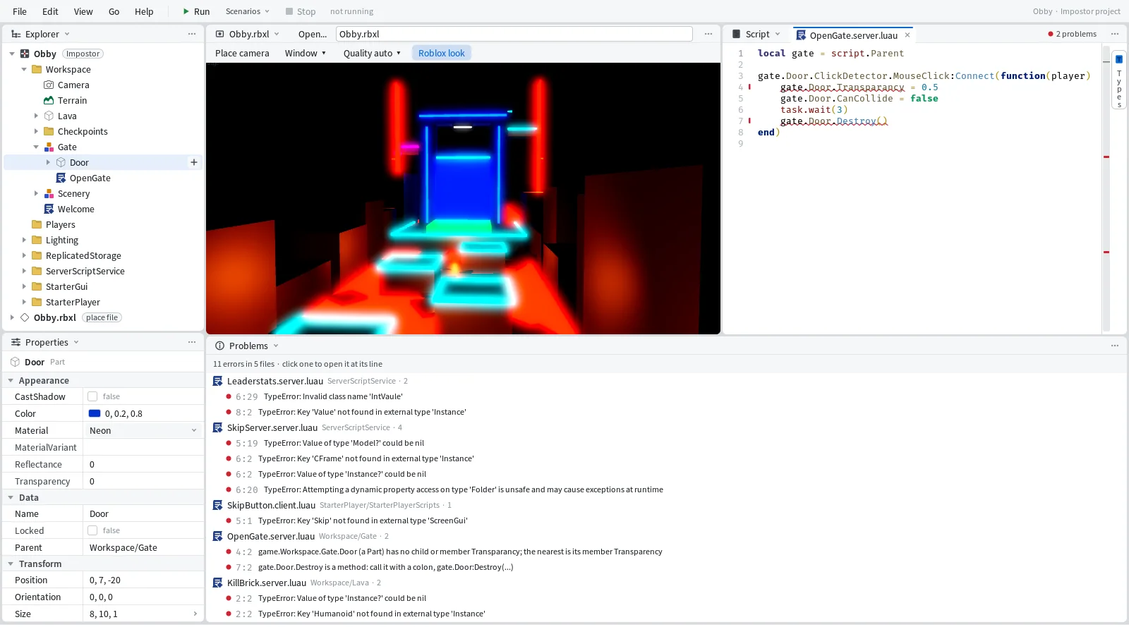 Mime with the obby open: the lava and the gate in the Roblox View, the Door selected in the Explorer with its Transparency property below, the OpenGate script in the Editor with red lines under Transparancy and Destroy, and the Problems pane listing the place's 11 errors