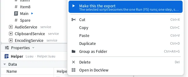 A script's right-click menu in the Explorer with Make this the export highlighted, and above it the Main script's row with the small blue arrow of the current export