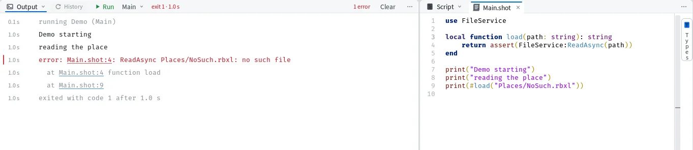 The Editor with a program beside the Output pane after F5, its printed lines and an error with a link to its line