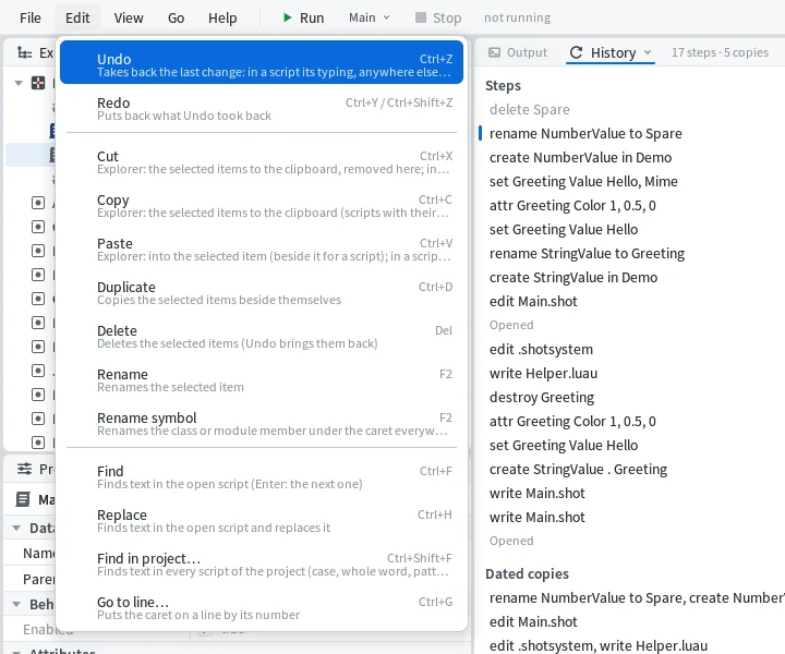 The Edit menu open over the History pane, its first item Undo with Ctrl+Z, and the undone step delete Spare greyed at the top of the steps