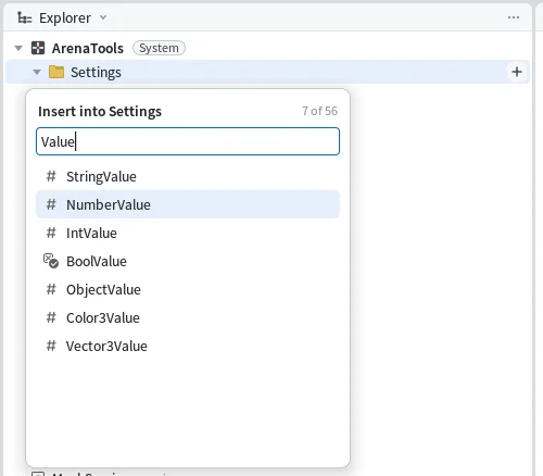 The Insert list for Settings with Value typed in its filter box, showing StringValue, NumberValue, IntValue, BoolValue, ObjectValue, Color3Value and Vector3Value