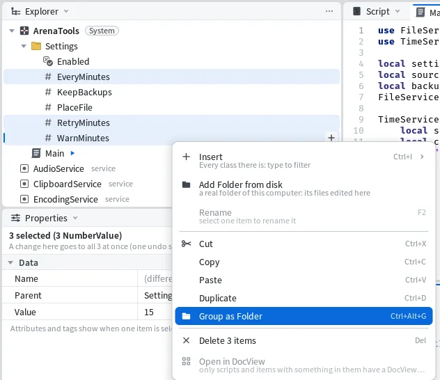 The right-click menu on three selected values: Insert, Add Folder from disk, Cut, Copy, Paste, Duplicate, Group as Folder with Ctrl+Alt+G highlighted and Delete 3 items, with Rename and Open in DocView greyed out