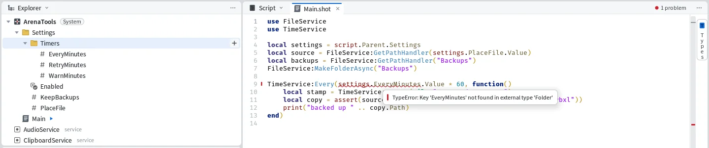 The Explorer with EveryMinutes, RetryMinutes and WarnMinutes now in a Timers folder, and Main.shot beside it with settings.EveryMinutes underlined in red and the message Key 'EveryMinutes' not found in external type 'Folder'