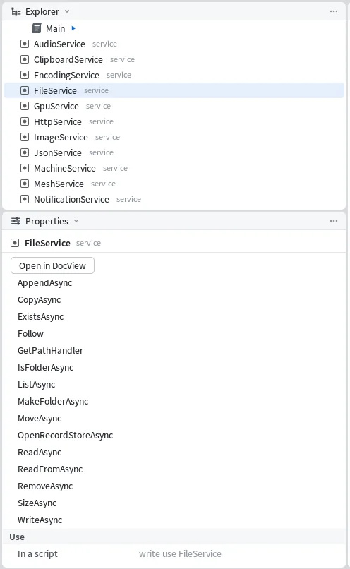 FileService selected in the Explorer, and Properties listing its fifteen methods with "write use FileService" at the bottom
