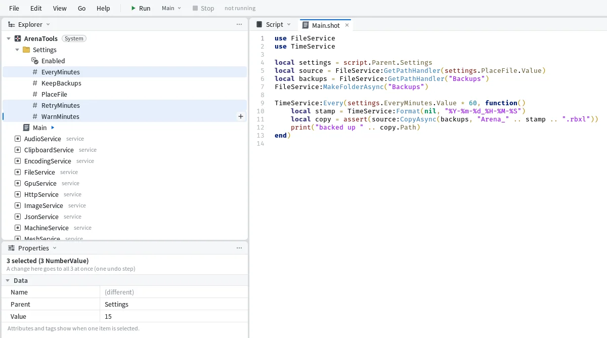 Mime with three NumberValues selected in the Explorer, Properties saying 3 selected and a change goes to all 3 at once, Value set to 15, and the program that reads the settings open beside them