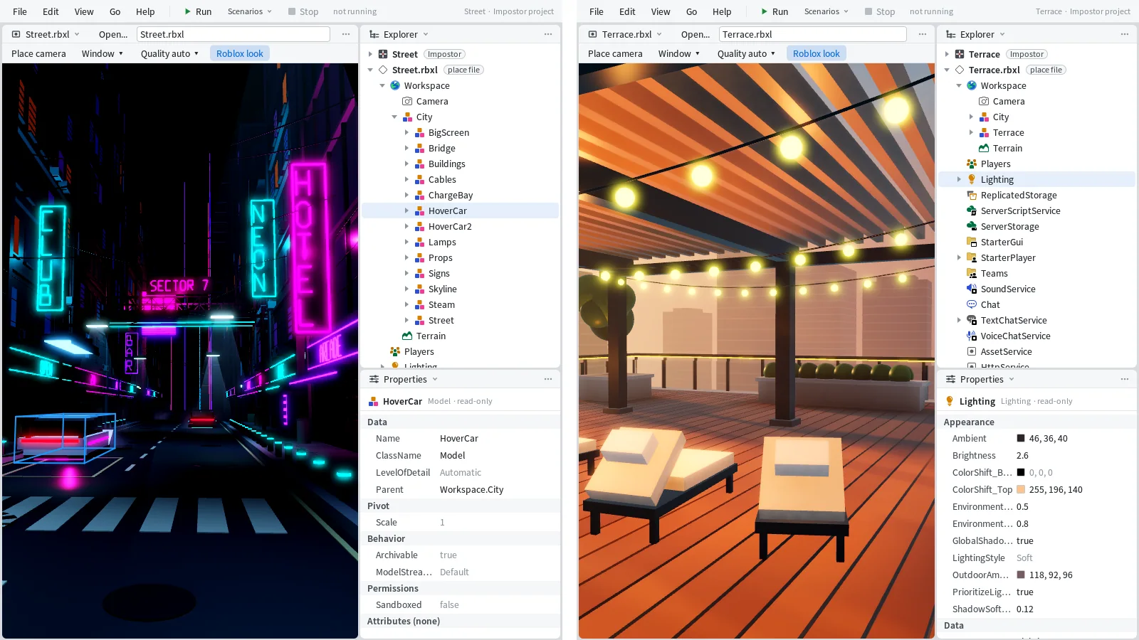 Two Mime windows side by side, each with its own project: a different lit scene in each Roblox View, with the Explorer and Properties beside it