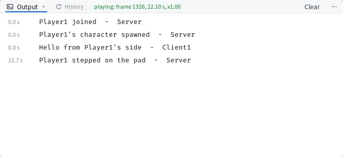 Mime's Output pane with four lines in the order they came, each with its time and its side. Player1 joined and Player1's character spawned from the Server, then Hello from Player1's side from Client1, all at 0.0 seconds, then Player1 stepped on the pad from the Server at 15.7 seconds.