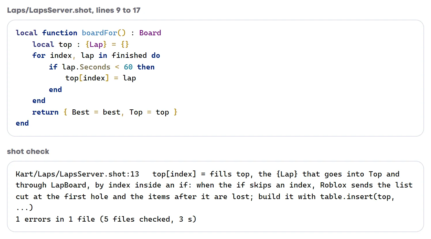 The boardFor function filling top by index inside an if, and shot check's error at that line saying Roblox sends the list cut at the first hole and to build it with table.insert