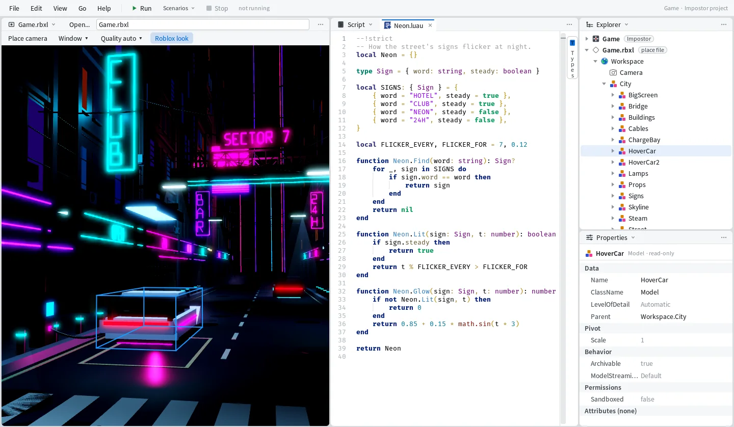 Mime with the street open: the place in the Roblox View with the parked hover car selected in a blue box, a Luau module in the Editor, the Explorer and Properties on the right