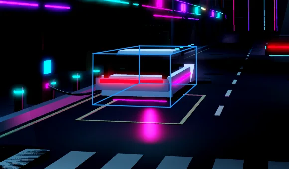 Close up of the parked hover car with the blue selection box around it