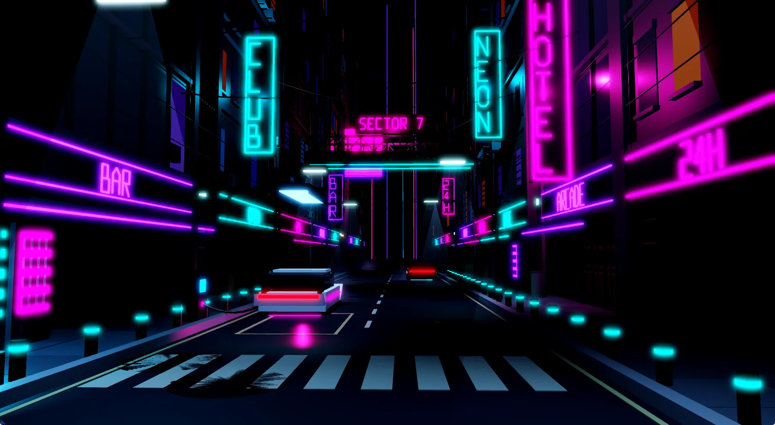 A city street at night under cyan and magenta neon signs, drawn in Mime's Roblox View
