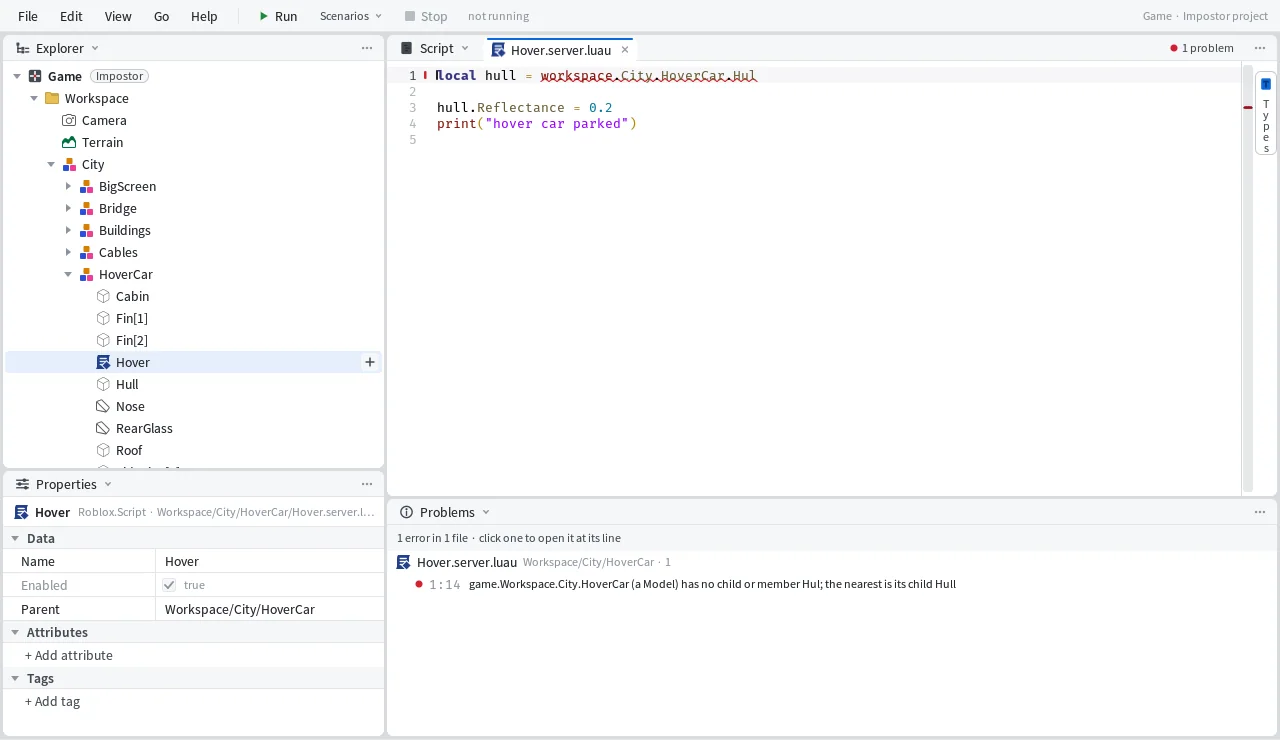 Mime with the place open: the Explorer shows the HoverCar model under Workspace and City with the Hover script inside it, the Editor underlines workspace.City.HoverCar.Hul in red, and the Problems pane lists the error at line 1, column 14