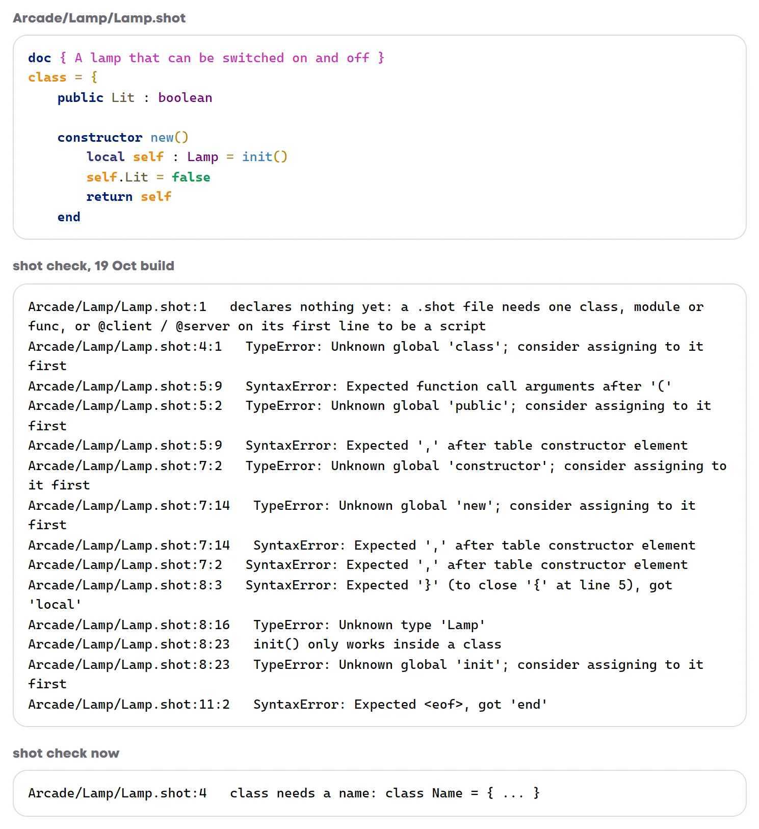 A Lamp class written as "class = {", with the fourteen errors the 19 Oct build printed for it, and the one line it gets now: class needs a name
