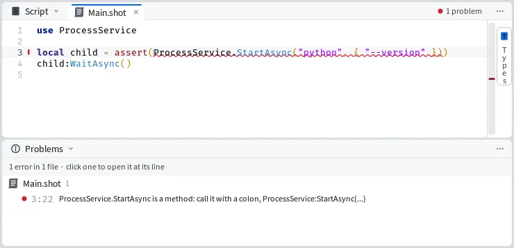 Mime's Editor with a dot call underlined in red, and the Problems pane below it showing the message with the colon fix
