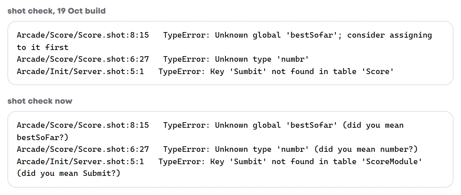 shot check's messages for three typos, bestSofar, numbr and Sumbit, on the 19 Oct build and now. The new ones end with "did you mean" and the right name