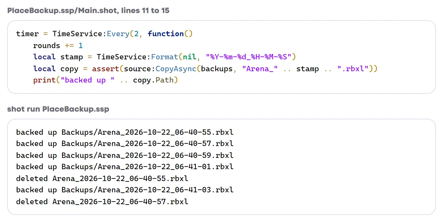 Lines 11 to 15 of the place backup's Main.shot, a TimeService:Every timer that copies Arena.rbxl into Backups under the date and time, above what shot run PlaceBackup.ssp printed: five backed up lines and two deleted ones