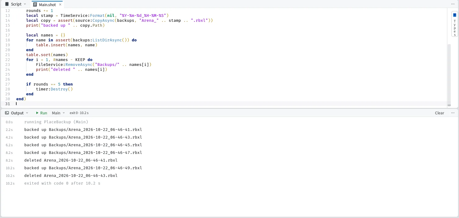 Mime with the backup program in the Editor and its backed up and deleted lines in the Output pane after F5