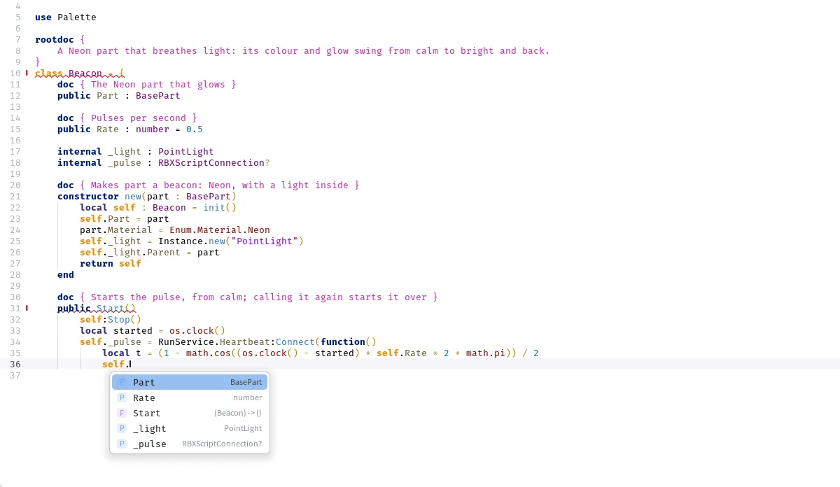 The Editor in the middle of the Start method, with no end yet, and the completion list after self. showing the class's members