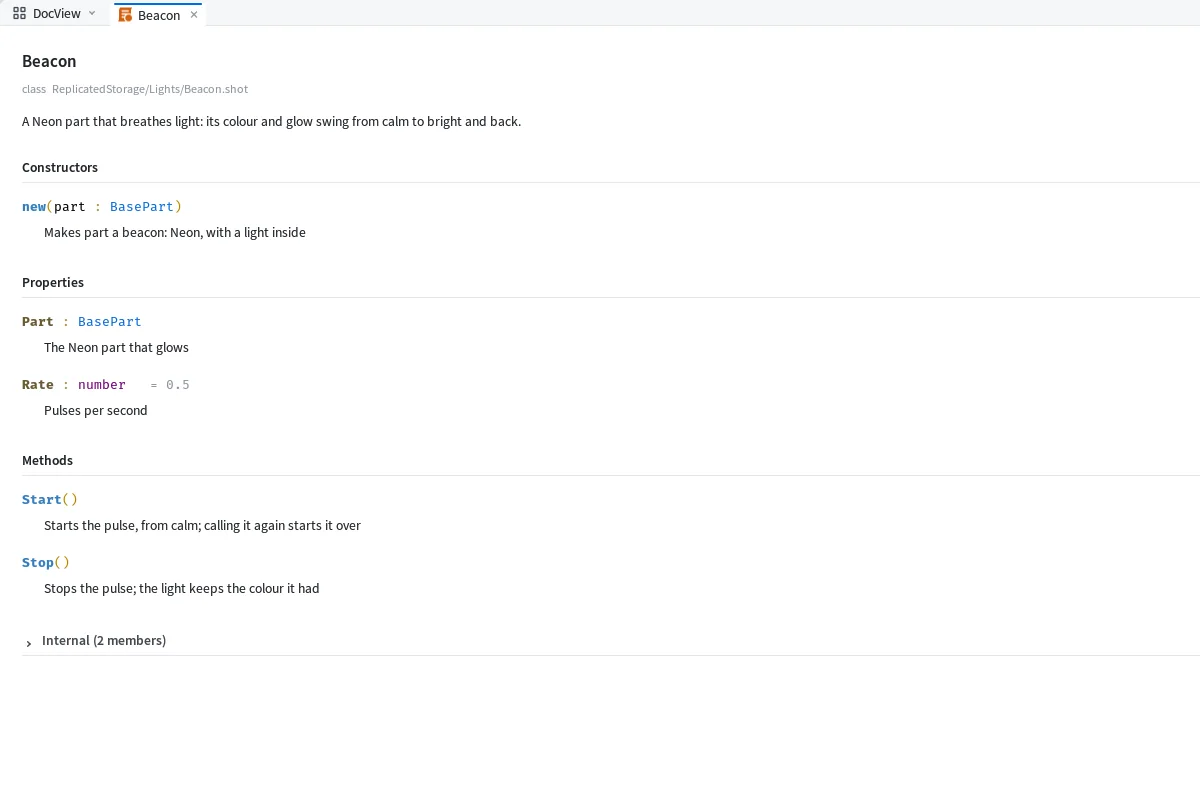 DocView showing the Beacon class as a page, its summary at the top and each member with its doc