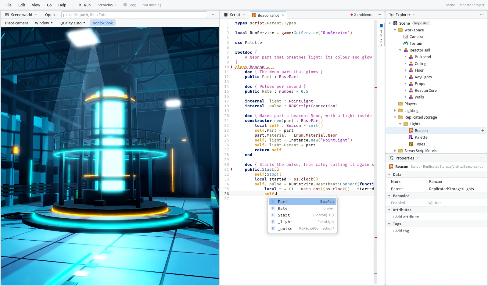 Mime with a place open in the Roblox View and the Beacon class half written in the Editor, a completion list open under the cursor