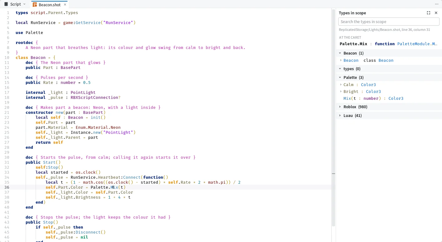 The Types panel beside the Editor, listing the types in scope at the cursor inside Start, grouped by source