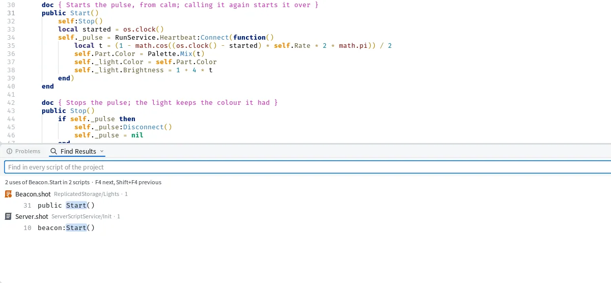 The list of uses for Beacon.Start: the method itself and the call in the server script