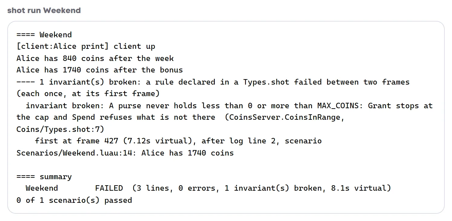 shot run Weekend: Alice has 840 coins after the week and 1740 after the bonus, then the broken rule with its doc, first at frame 427 after log line 2, and the scenario marked FAILED