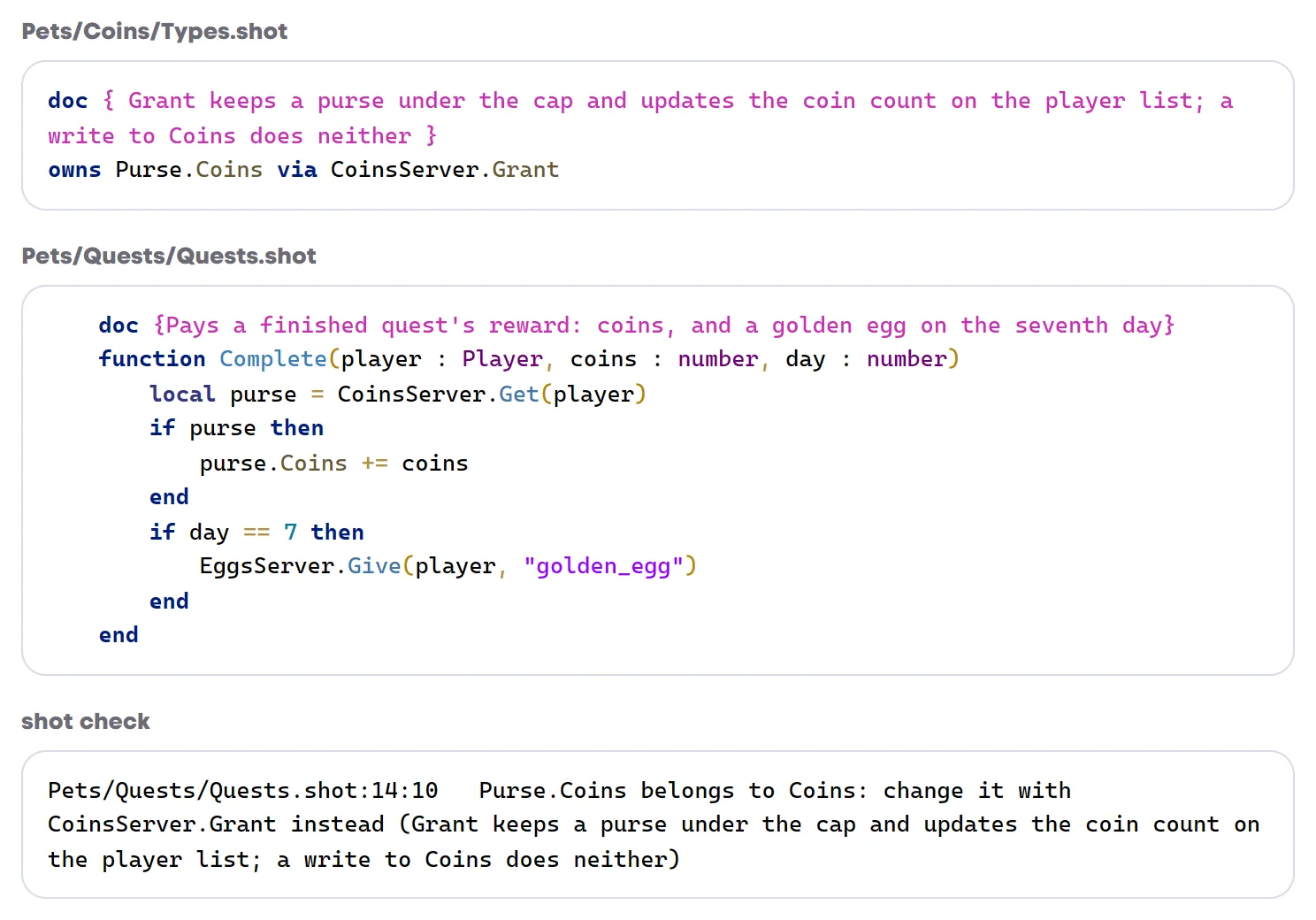 The owns line in Coins/Types.shot, a quest reward that adds to purse.Coins directly, and shot check's error at that line telling you to use CoinsServer.Grant and why