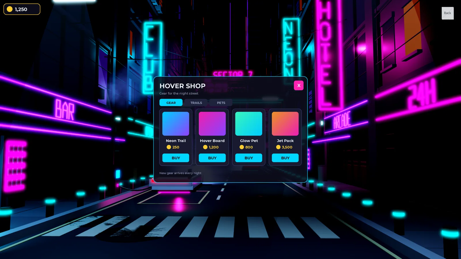 The night street in Mime's Roblox View at HD 1080, with the HOVER SHOP panel in the middle of the screen: a title, GEAR, TRAILS and PETS tabs, four cards for Neon Trail, Hover Board, Glow Pet and Jet Pack with their prices and BUY buttons, the line New gear arrives every night under them, and the 1,250 coin counter in the top left corner