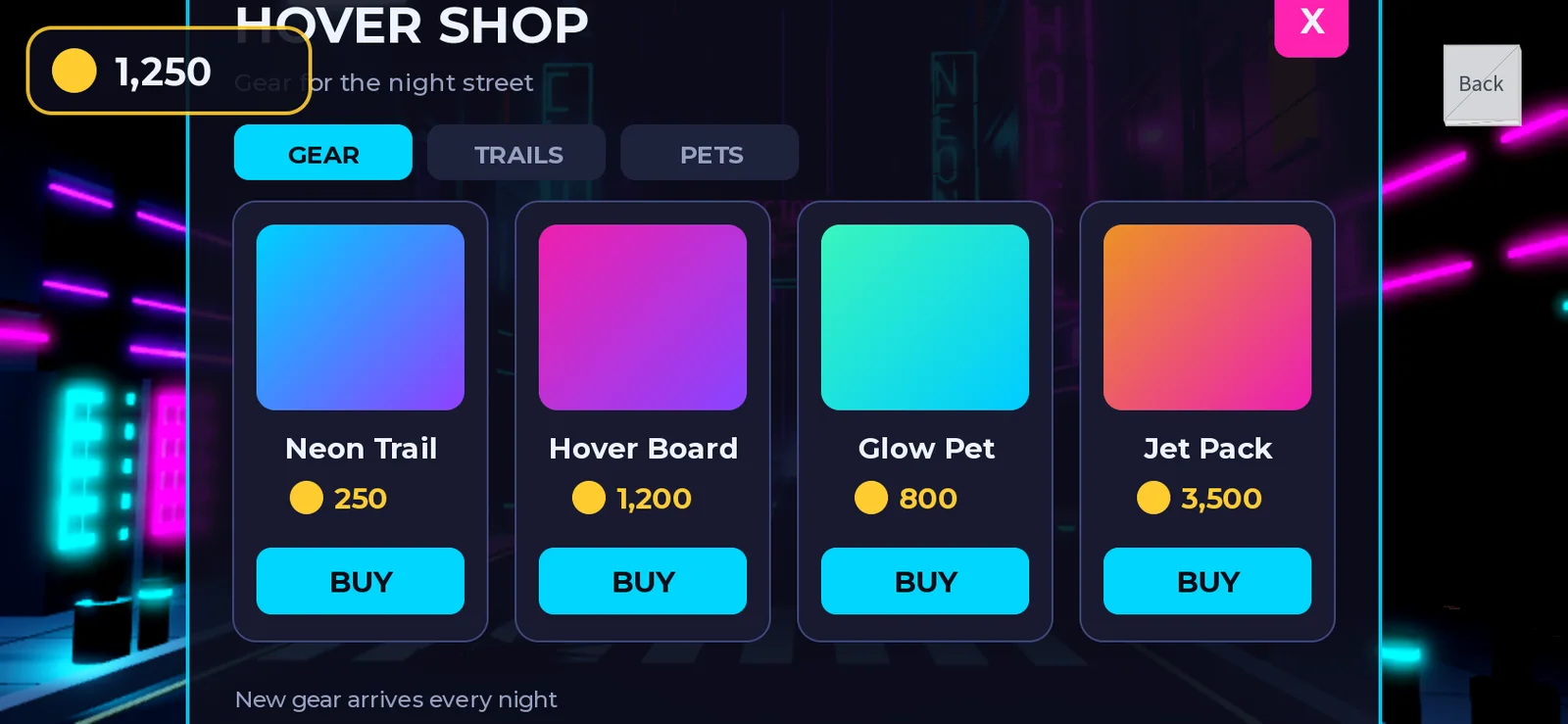 The same shop at Phone (landscape), 844 by 390. The panel is taller than the screen, so the HOVER SHOP title and the X button are cut off at the top, the panel's border is missing at the top and bottom, the small print sits on the bottom edge, and the coin counter covers the start of the subtitle