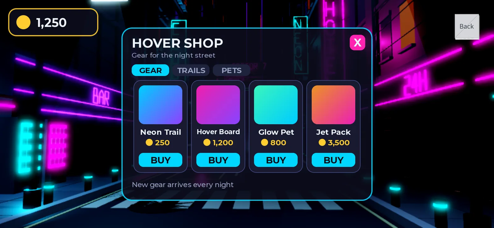 The fixed shop at Phone (landscape). The whole panel now fits on the screen with its border, title, X button, tabs, four cards and small print all visible, and the coin counter sits clear of it in the top left corner