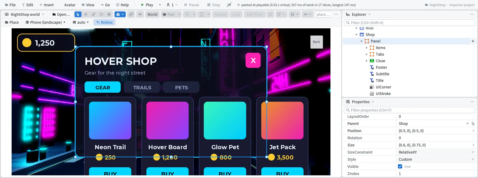 Mime with the NightShop project open. The Roblox View, set to Phone (landscape), shows the night street with the shop panel shrunk in the middle of the screen, its four cards running past the panel's right edge and their BUY buttons off the bottom of the screen. The Explorer on the right has StarterGui, Shop and Panel selected, with Items, Tabs, Close, Footer, Subtitle, Title, UICorner and UIStroke under it, and Properties below shows the Panel's Size as {0.6, 0}, {0.75, 0}