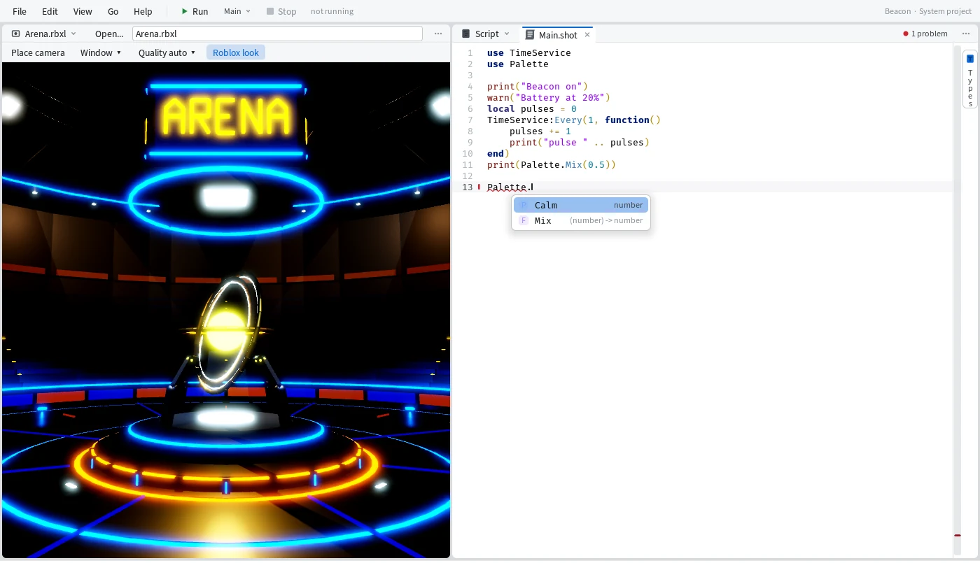 The Editor with Palette. typed and the completion list showing Palette's members and their types, beside a night arena in the Roblox View.