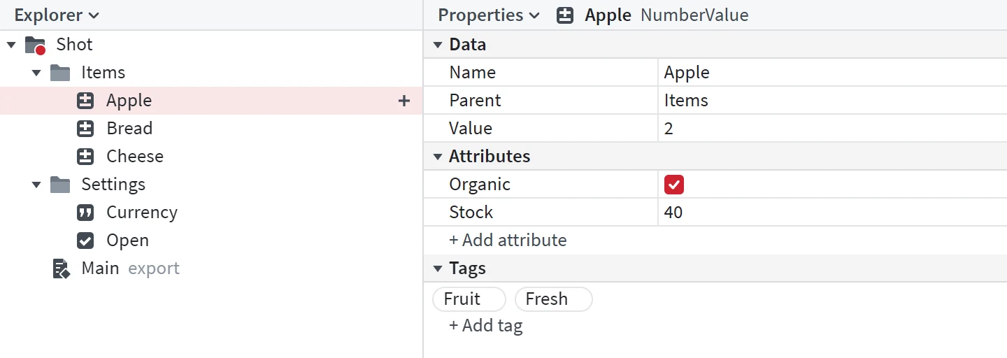 The Explorer beside the Properties of a number value with its attributes and tags.