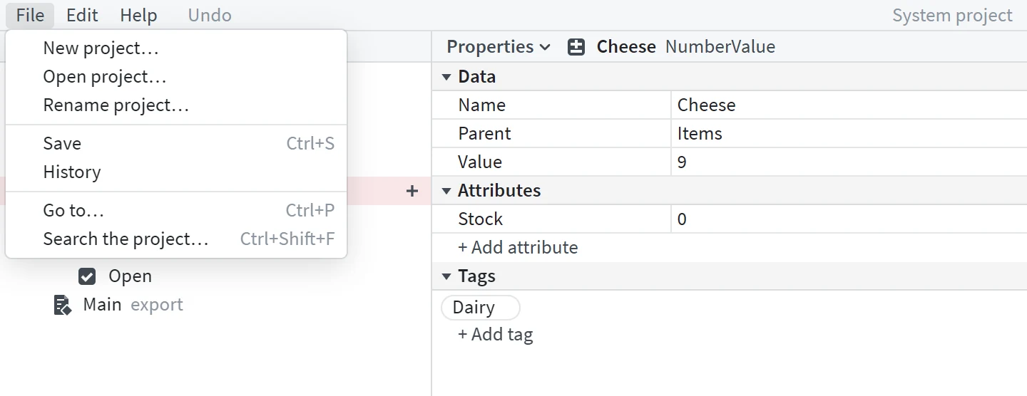 The window's File menu open, offering New project, Open project, Rename project, Save, History, Go to and Search the project, over the Explorer beside the Properties of a number value.