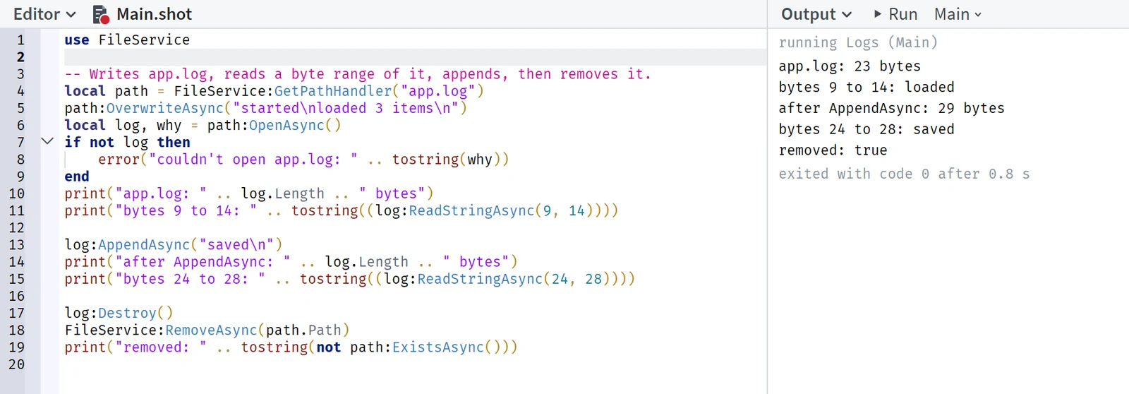 A short program that writes app.log, opens it as a FileHandler, reads a byte range and appends a line, beside the lines it printed when it ran.