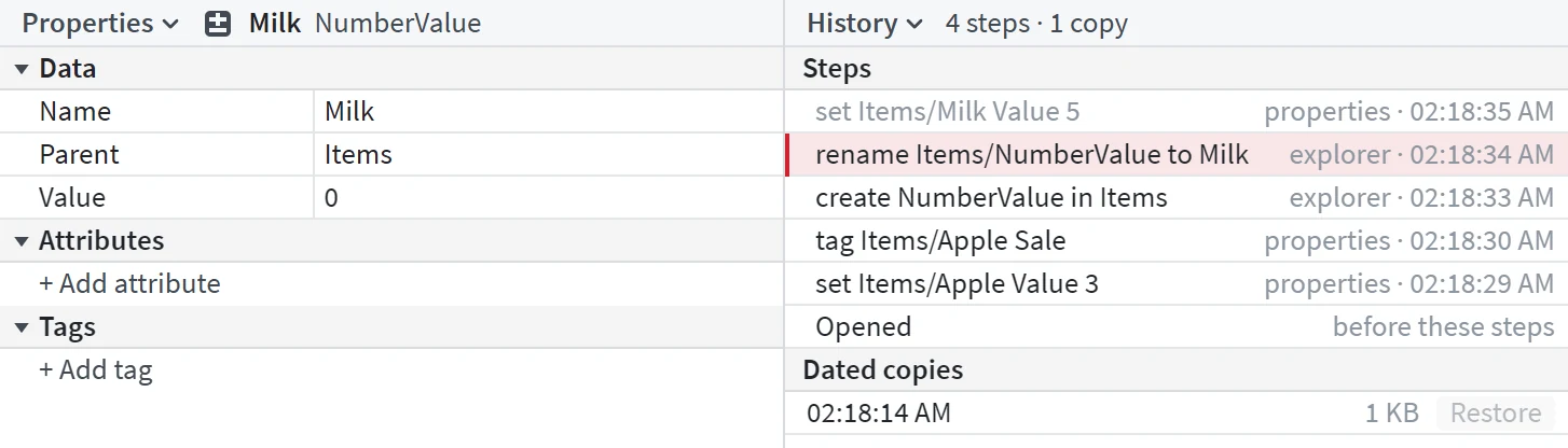 The Properties of a new value beside the History pane listing the project's recent changes, with the last change undone.