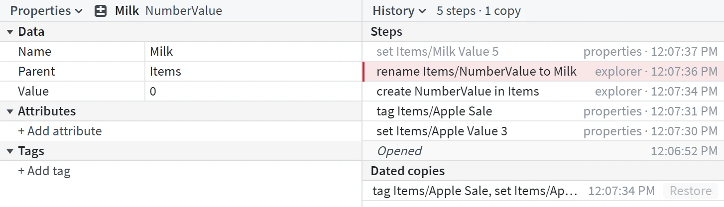 The Properties of a new value beside the History pane listing the project's recent changes, with the last change undone and a dated copy under them.