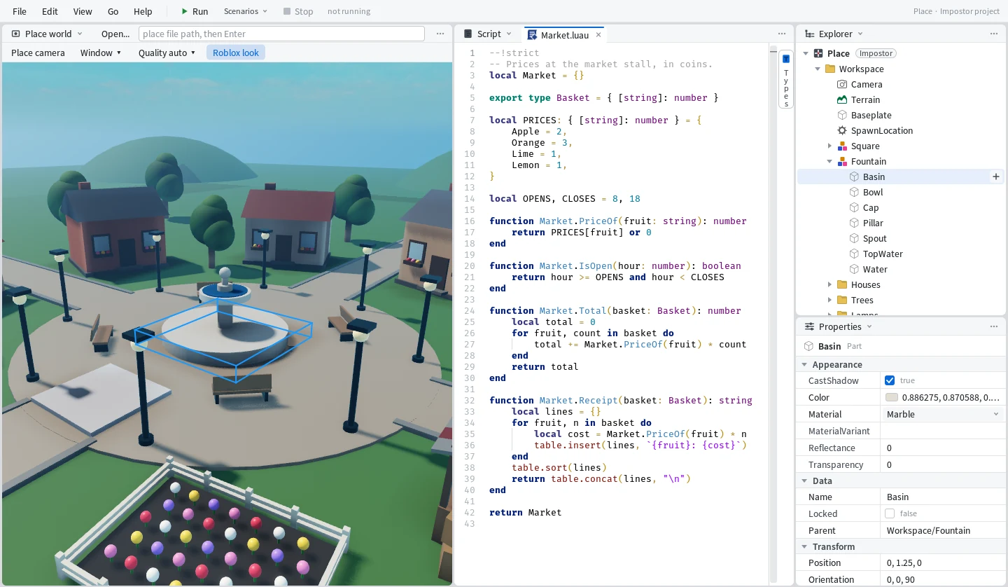 Mime with a village place open: its world in the Roblox View with the fountain's basin selected in a blue box, the Explorer listing the place, Properties showing the basin and a Luau module in the Editor.