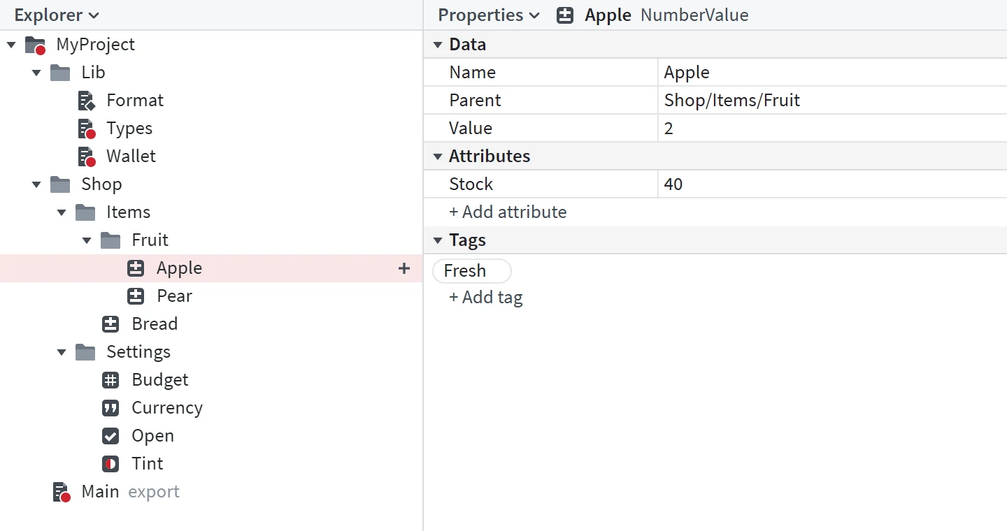 The Explorer showing a project's tree four levels deep, with folders, a program, a class and its Types, a Luau module and value objects, beside the Properties of the number value Apple.