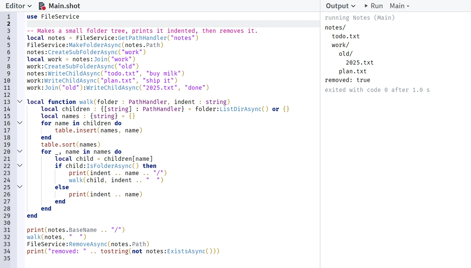 A short program that makes a small folder tree, walks it with ListDirAsync and prints it indented, beside the indented listing it printed when it ran.