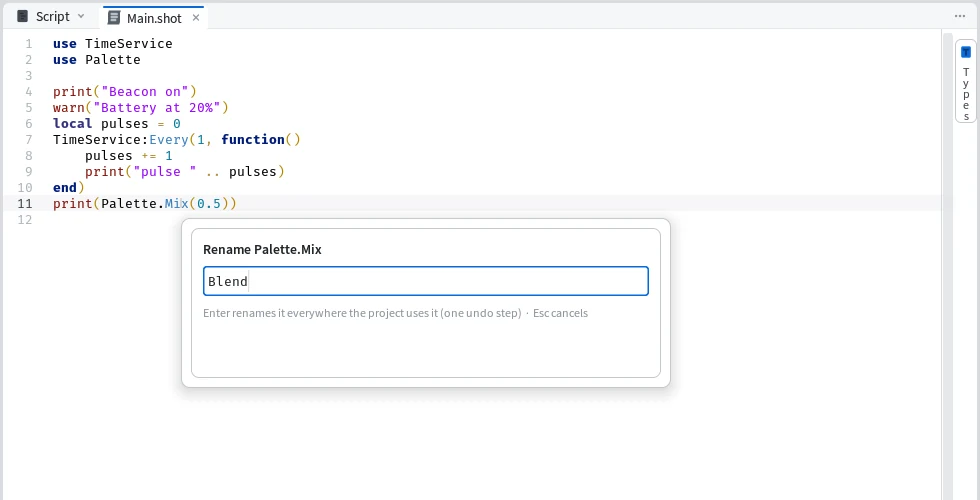 The rename box for Palette.Mix with the new name Blend typed in.