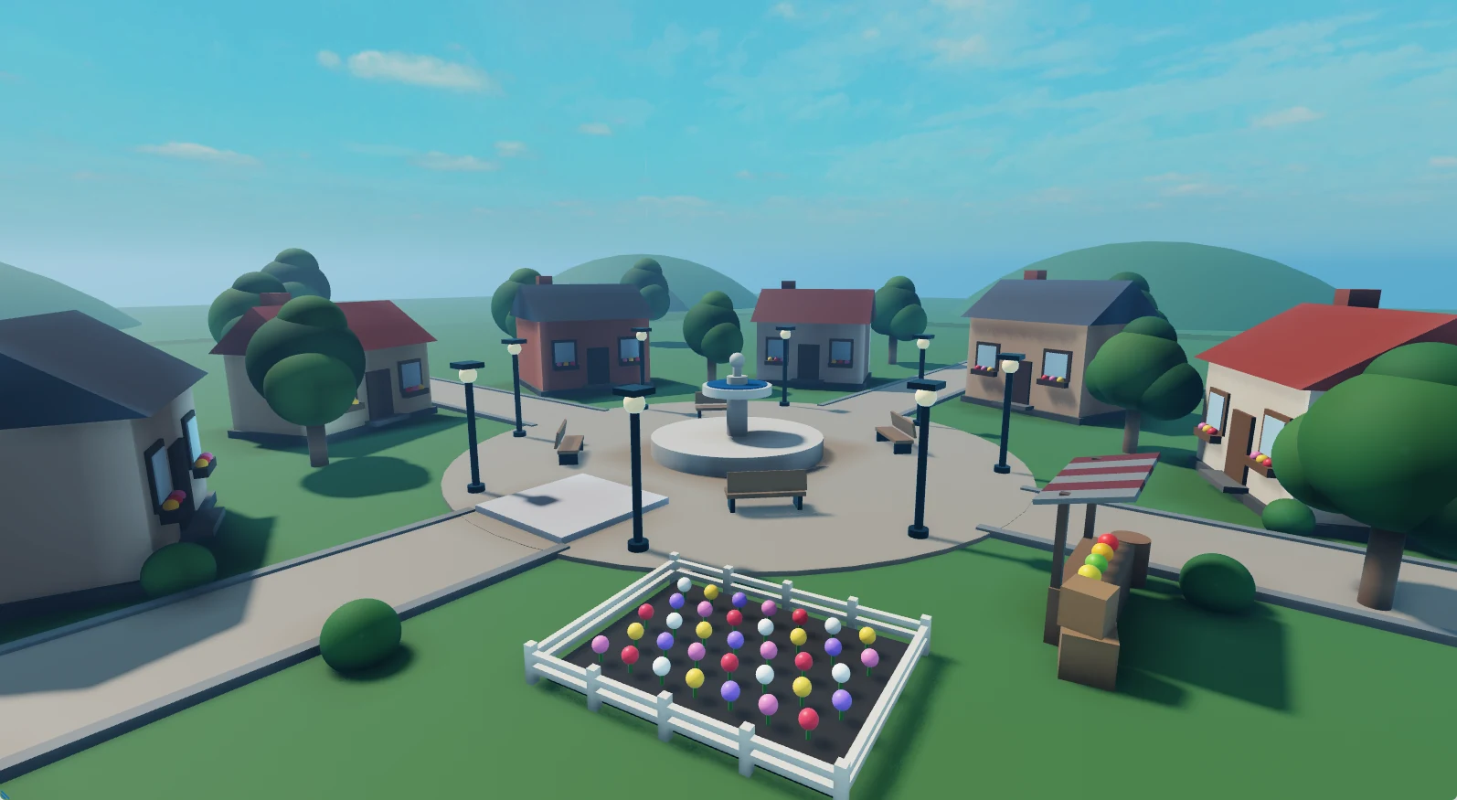 A whole Roblox place drawn in Mime's Roblox View: a village square in the afternoon sun, with houses, trees, street lamps, a fountain, a market stall and a fenced flower garden.