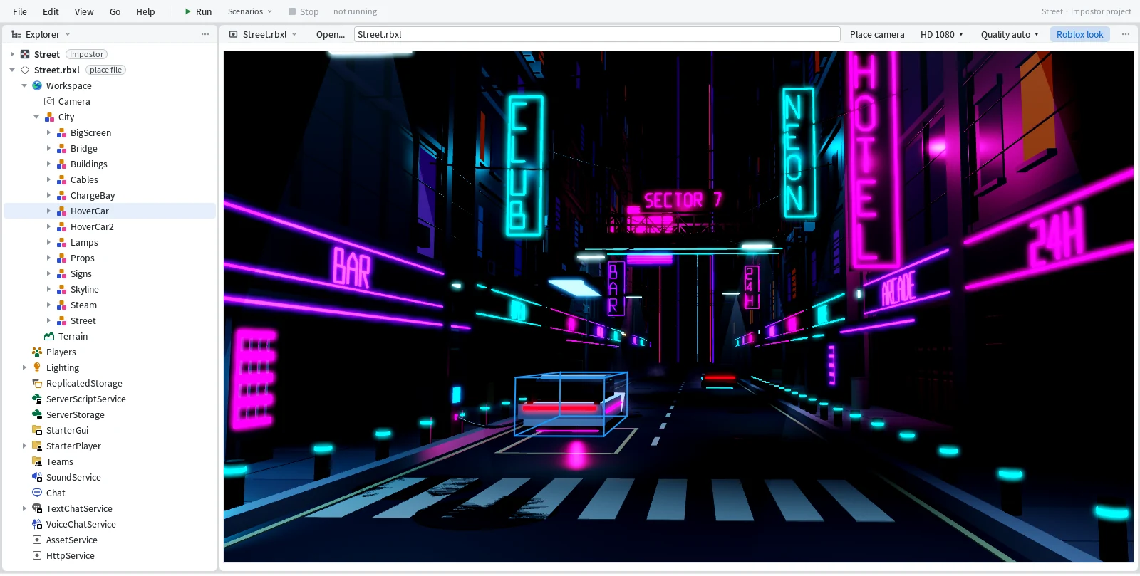 Mime's Roblox View showing a neon street at night, with a parked hover car selected in a blue box and the Explorer opened down to it.