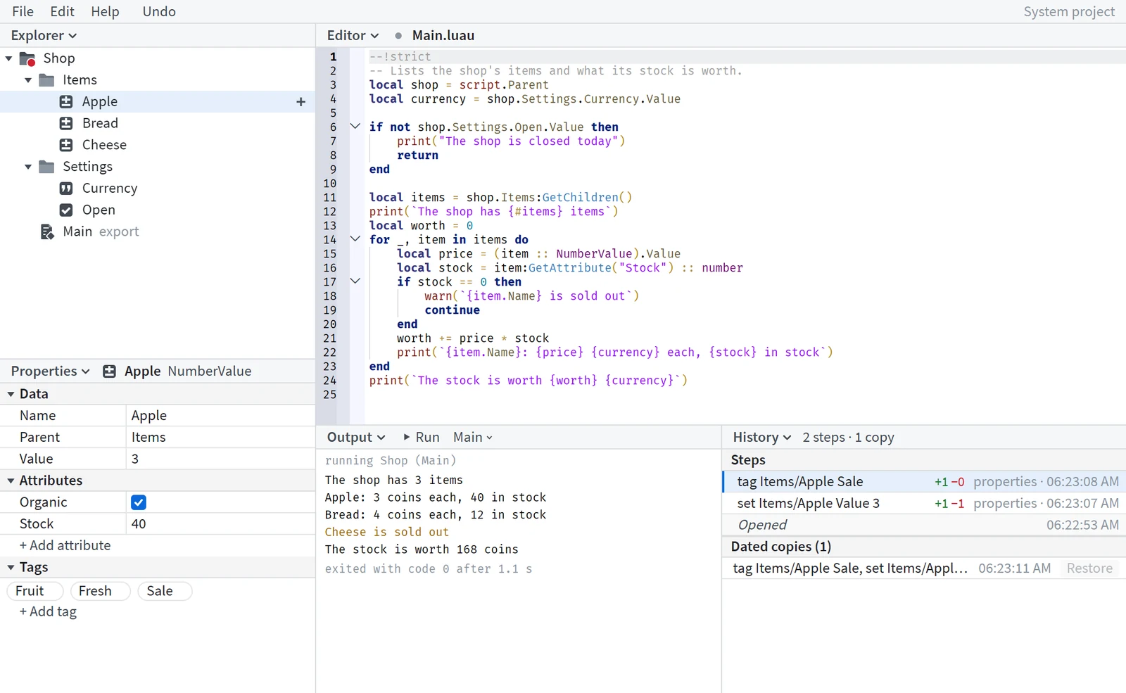 The window with all five panes open at once: the Explorer and Properties on the left, a Luau program in the Editor, its output after a run, and the History of the project's changes.