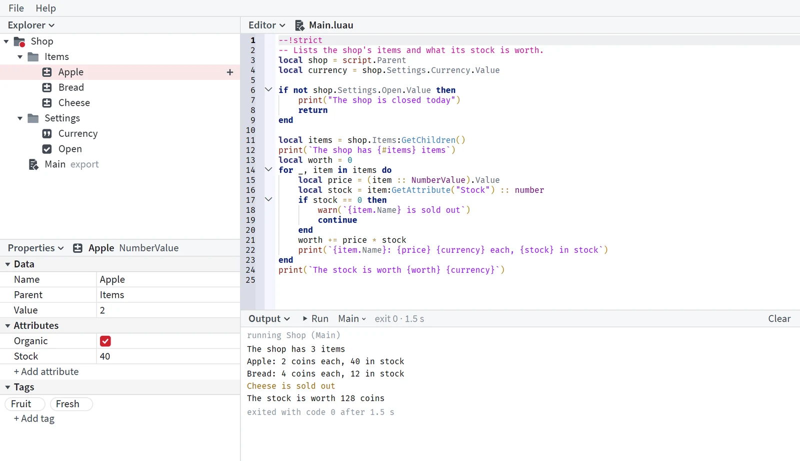 The ShotScript window under its File and Help menus, with a project's tree, a Luau program in the editor, an object's properties and the program's output after a run.