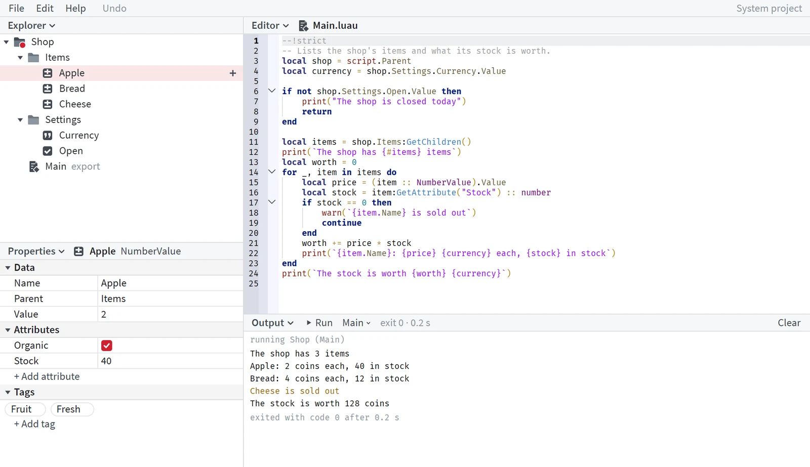 The ShotScript window under its File, Edit and Help menus, with a project's tree, a Luau program in the editor, an object's properties and the program's output after a run.