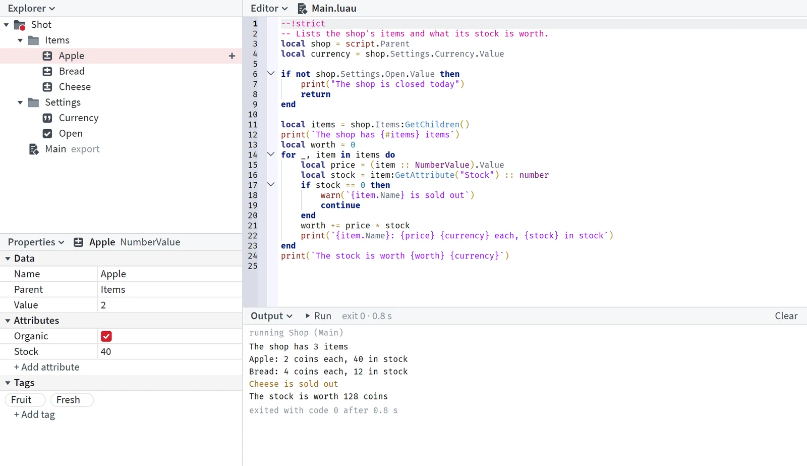 The ShotScript window with a project's tree, a Luau program in the editor, an object's properties and the program's output after a run.